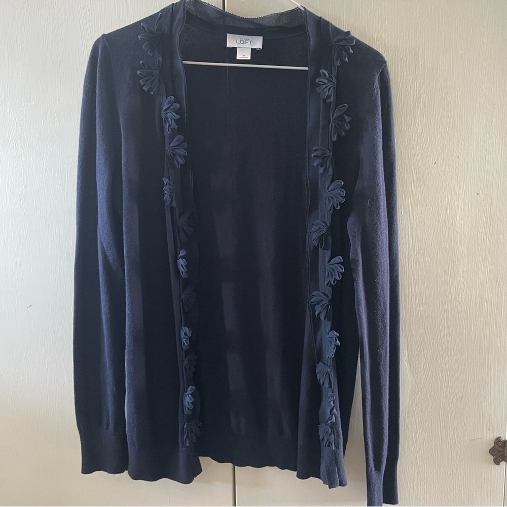LOFT Dark Blue Open Front Cardigan with Floral Like Accents